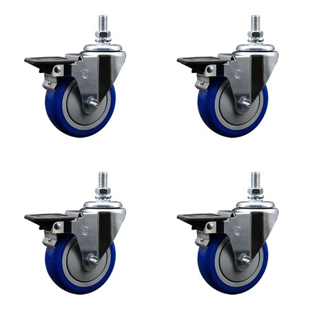 Service Caster 4 Inch Blue Polyurethane 12 Inch Threaded Stem Caster Set with Brake SCC-TS20S414-PPUB-BLUE-PLB-121315-4